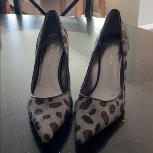 Nine west gray and black leopard suede pumps.